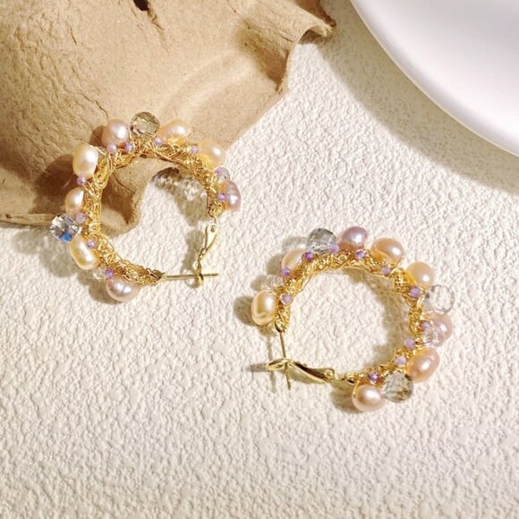 🌈 DAZZLING! Multi-Color Freshwater Pearl & Crystal Wire Wrap Hoop Earrings! - Picture 4 of 6